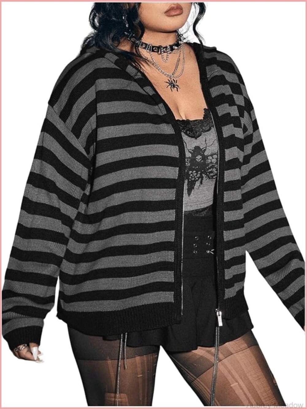 Plus Size Striped Zip Up Hoodie Cardigan Sweater Long Sleeve Drop Shoulder